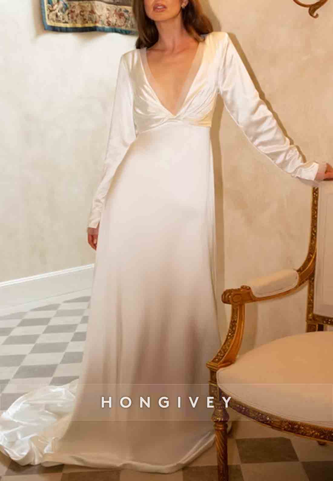 Low V-Neck Long Sleeves Court Train Pleated V Back Wedding Dresses