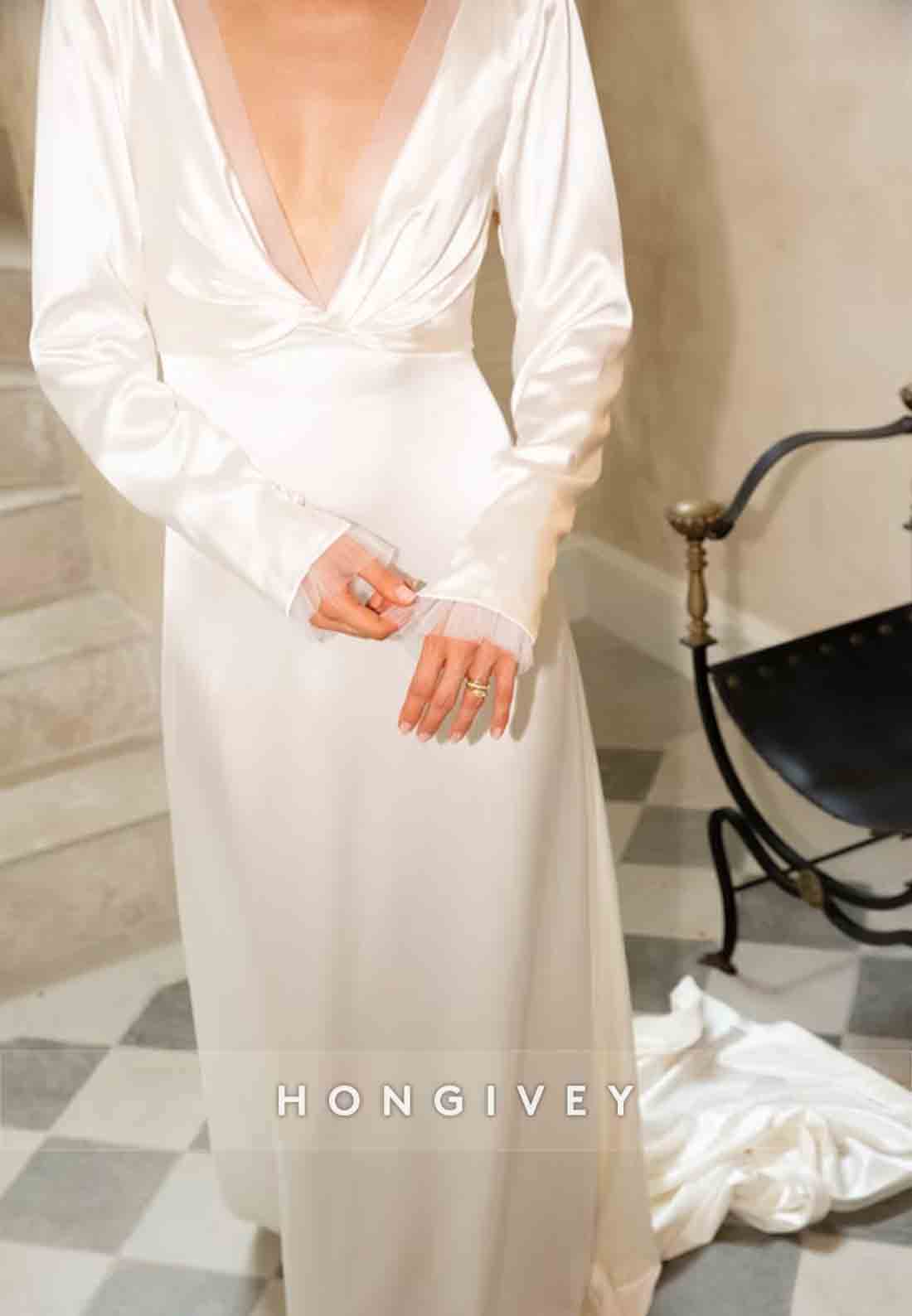 Low V-Neck Long Sleeves Court Train Pleated V Back Wedding Dresses