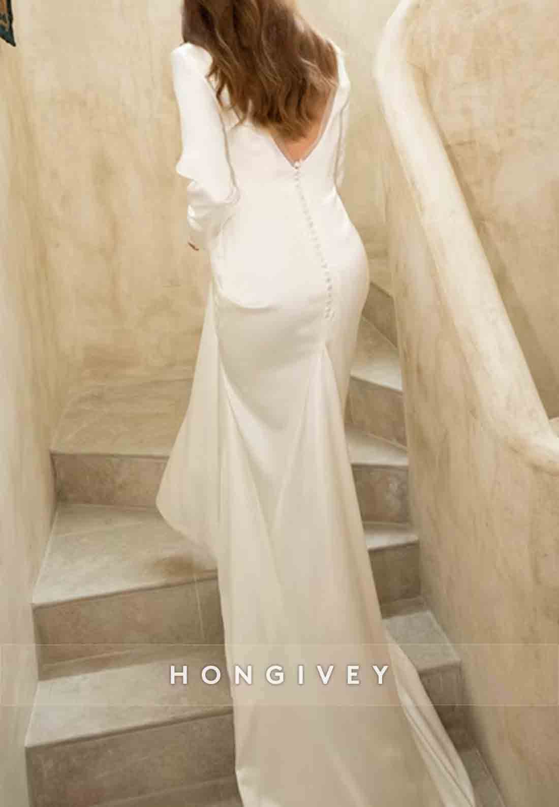 Low V-Neck Long Sleeves Court Train Pleated V Back Wedding Dresses