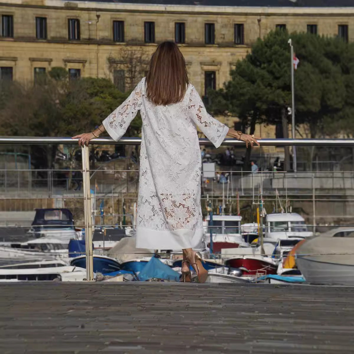 Eyelet Lace Long Sleeve Standing Collar Wide Hem Band Maxi Dress - View 8