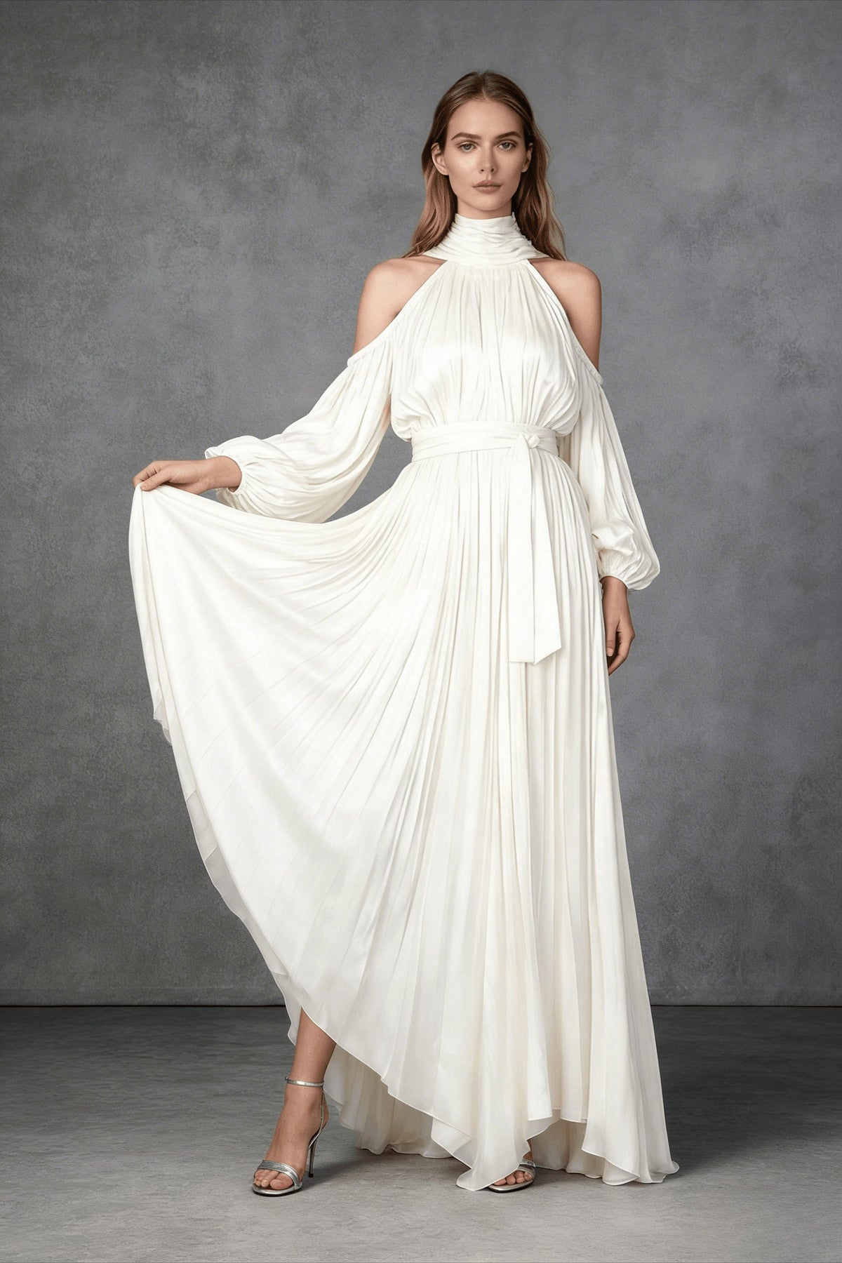 Satin High-Neck Cold-Shoulder Bishop-Sleeve Pleated Maxi Dress