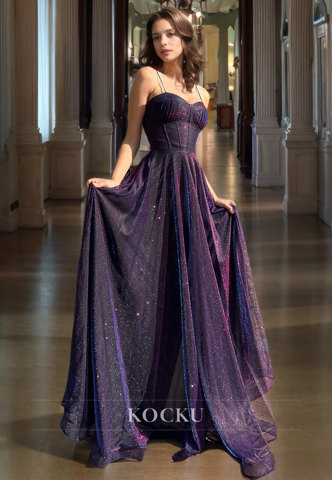 Spaghetti Straps A Line Sweetheart Sleeveless Brush Train Glitter Knit Prom Dress Formal Dress
