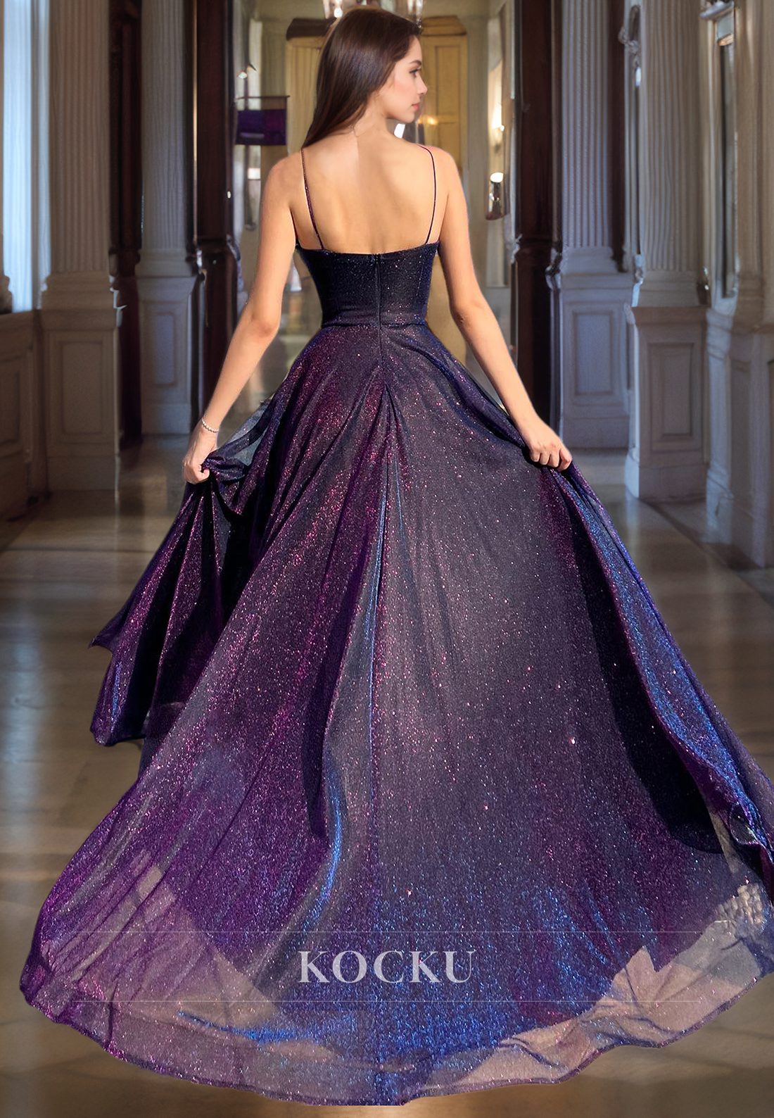 Spaghetti Straps A Line Sweetheart Sleeveless Brush Train Glitter Knit Prom Dress Formal Dress