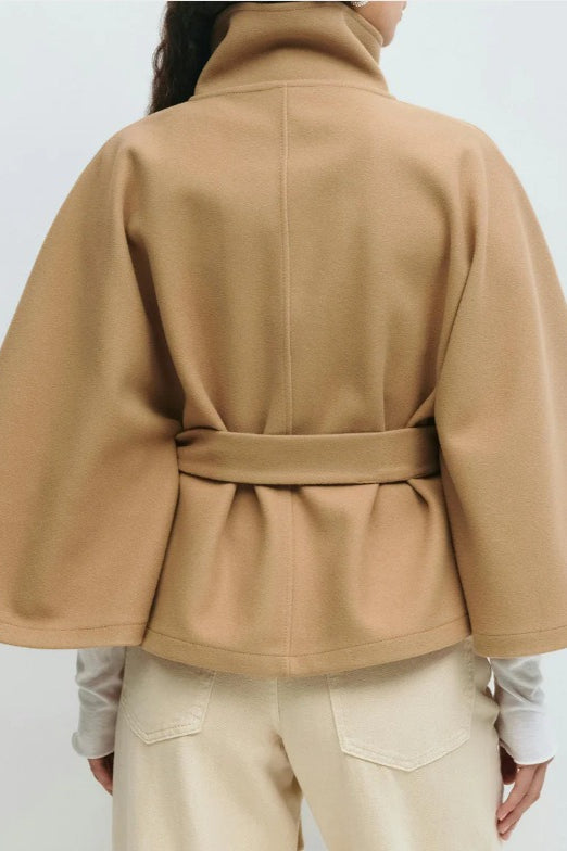 Belted Trench Coat with Cape Collar - Elegant Solid Color