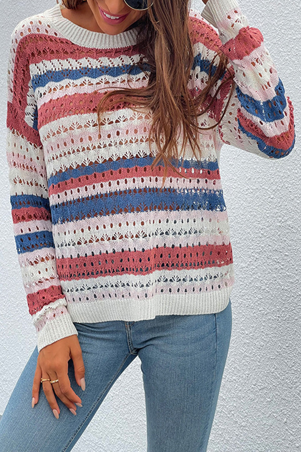 RadyRin Colorful Striped Patchwork Hollow Knit Sweater