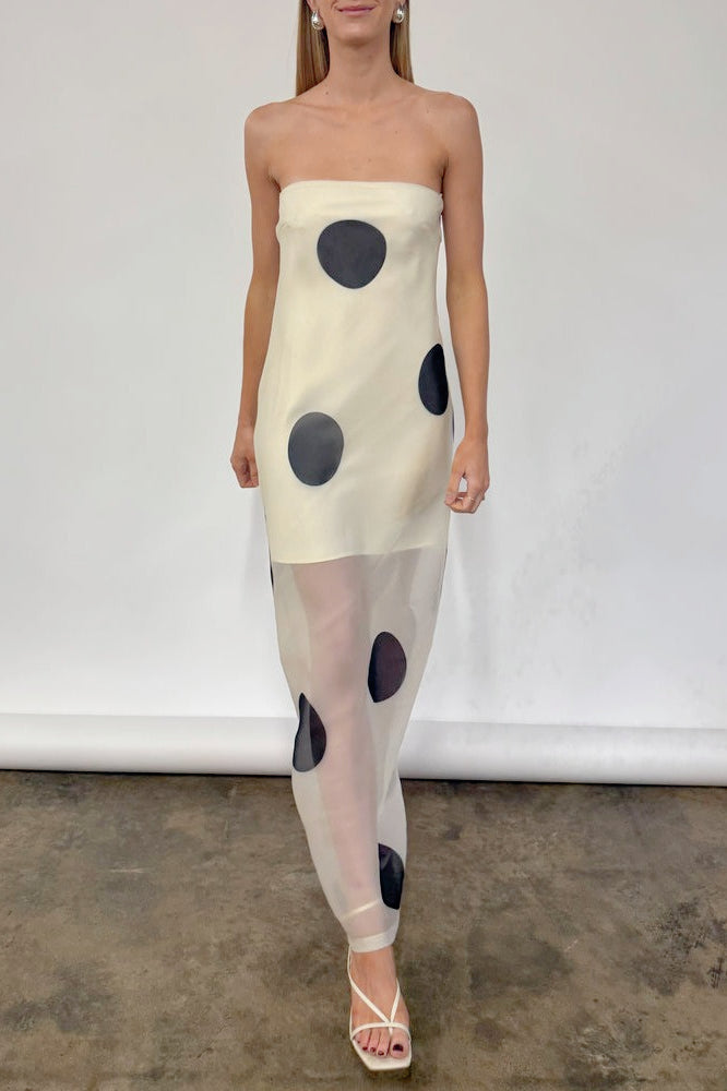 Oversized Polka Dot Strapless Sheer-Hem Maxi Dress