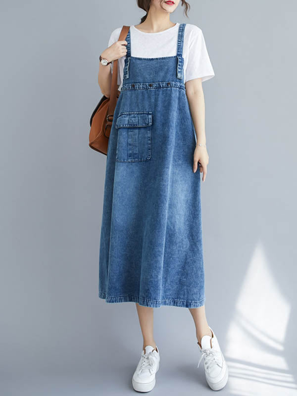 Denim Bib Strap Cargo Pocket Loose Fit Midi Overall Dress - View 2