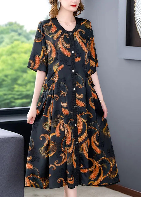 Paisley Print V-Neck Short Sleeve Button Front A-Line Midi Dress