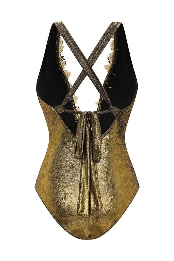 Solid Color Shiny Fabric Deep V Metal Embellished Stretch One-piece Swimsuit - Fashionpara