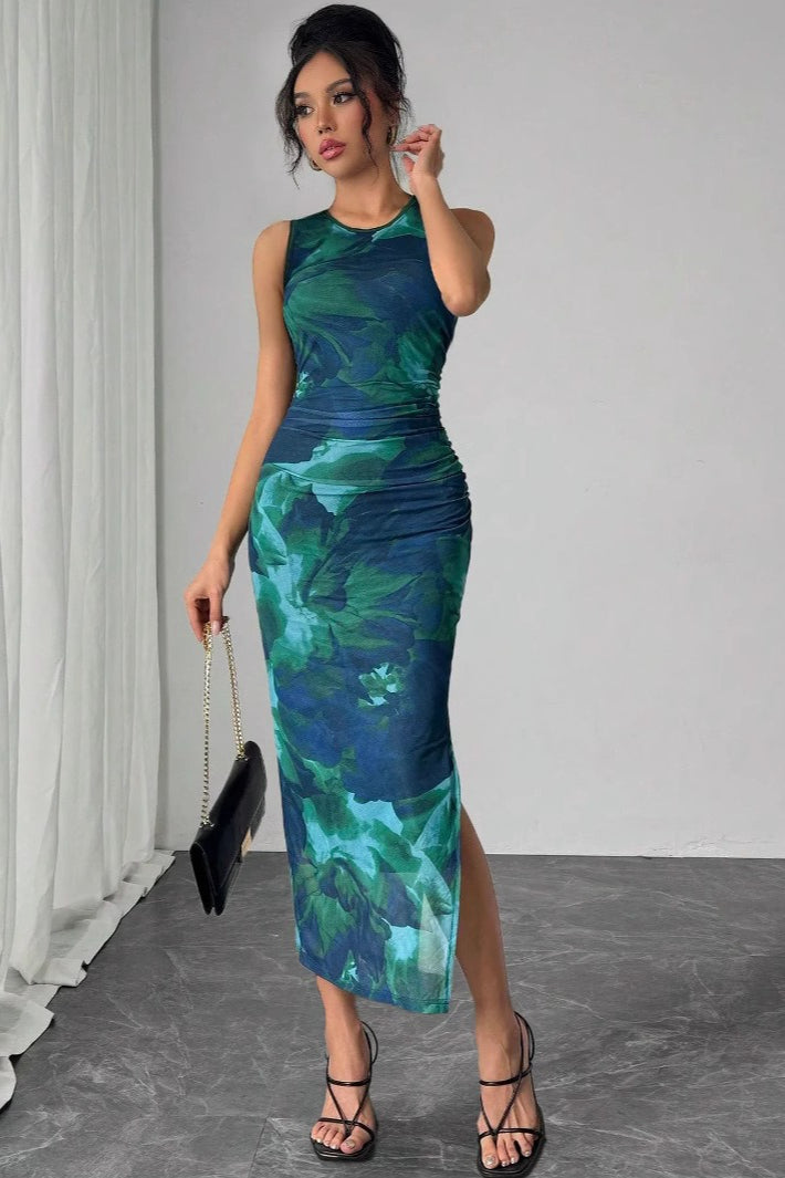 Sleeveless Mesh Printed Maxi Dress