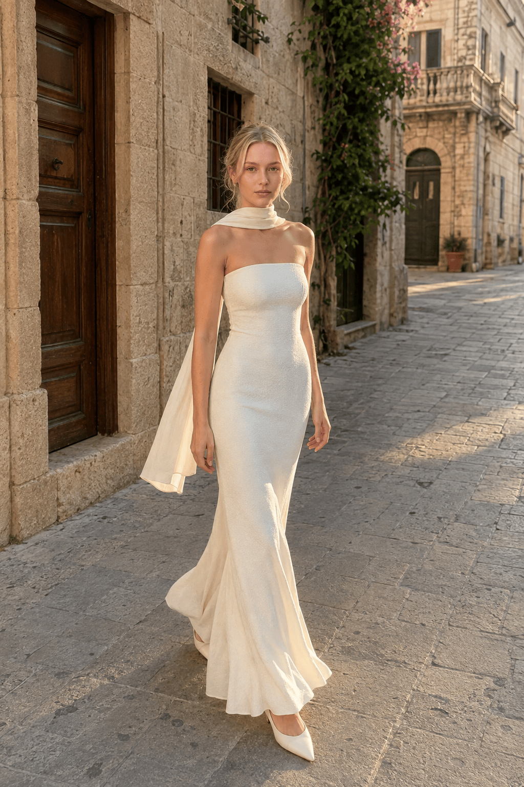 Textured Strapless Scarf-Neck Column Maxi Gown
