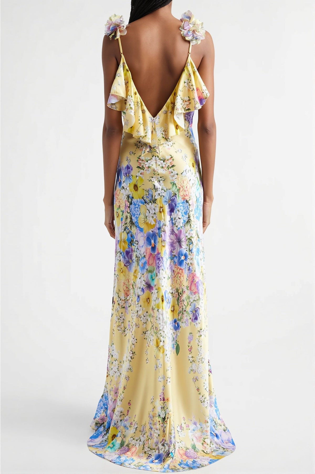 Floral V-Neck Flower-Strap Satin Slip Maxi Dress 7