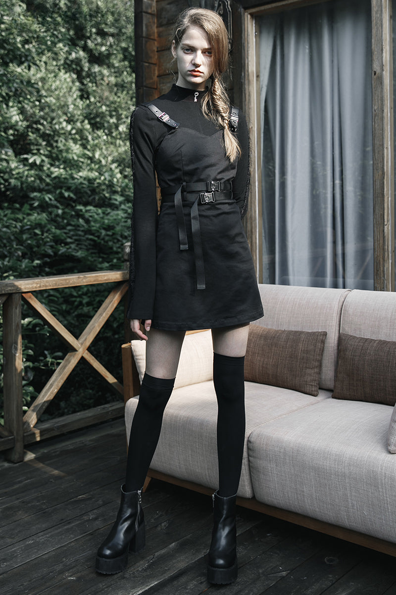 High Neck Long Sleeve Buckle Bodycon Mini Dress