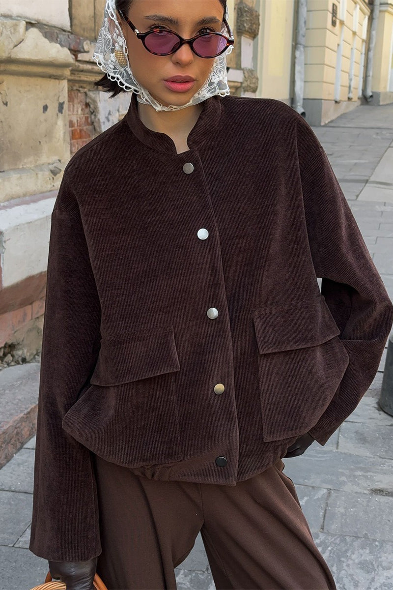Coffee Corduroy Stand-Collar Loose Jacket