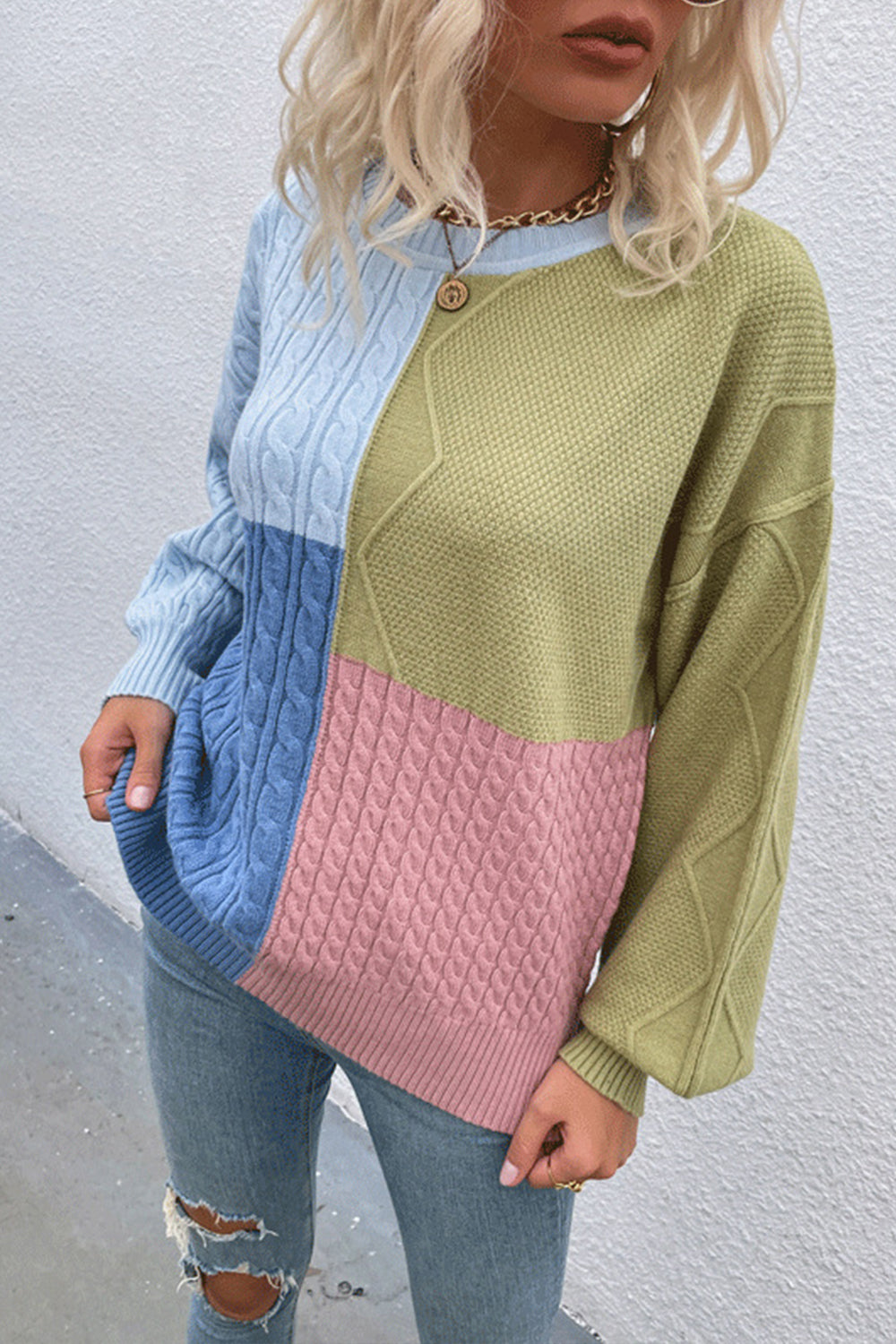 RadyRin Contrast Patchwork Lantern Sleeve Sweater for Style