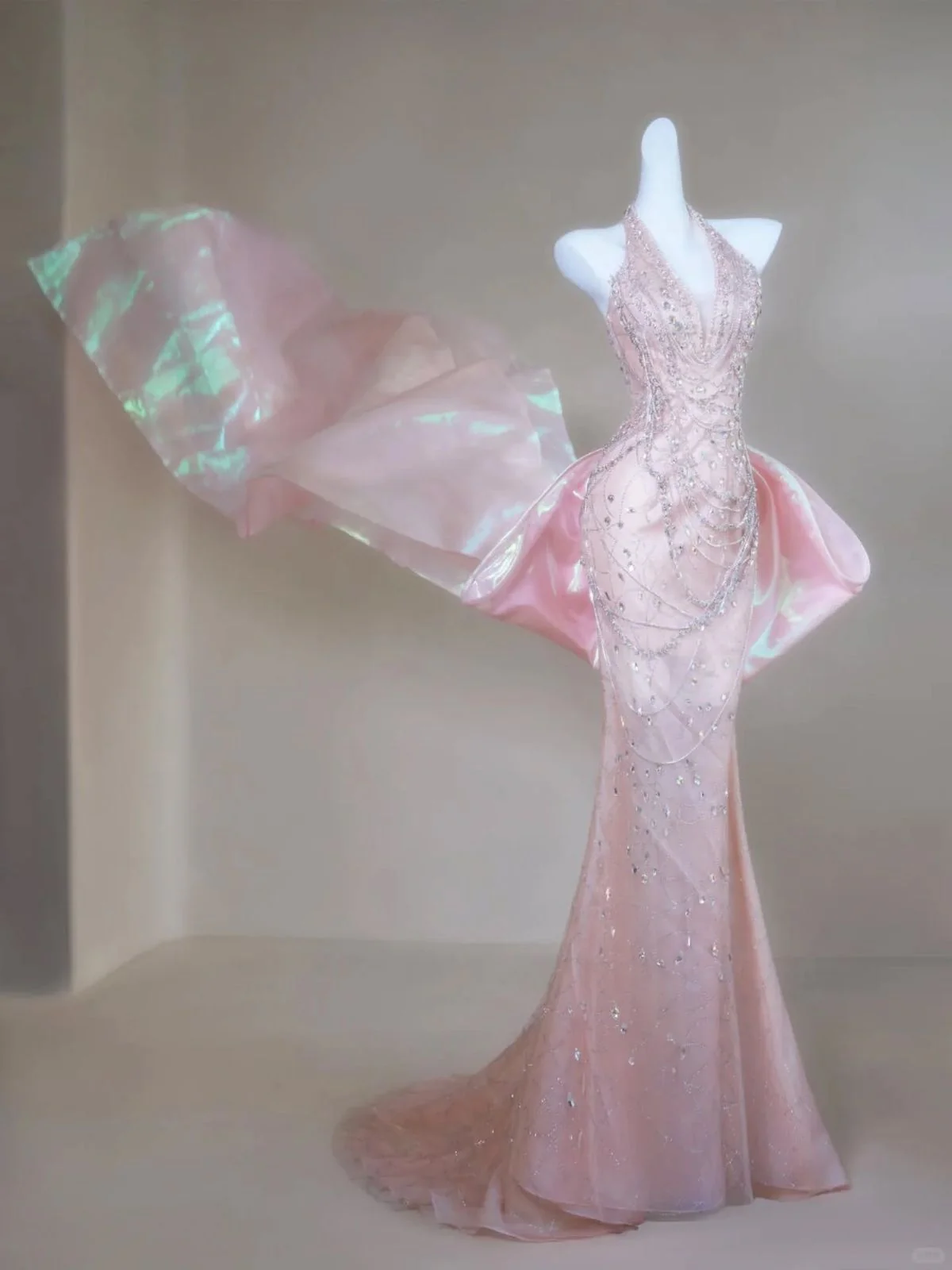 Mermaid Halter Light Pink Satin Beaded Long Prom Dress,Formal Evening Dress - Fashionpara