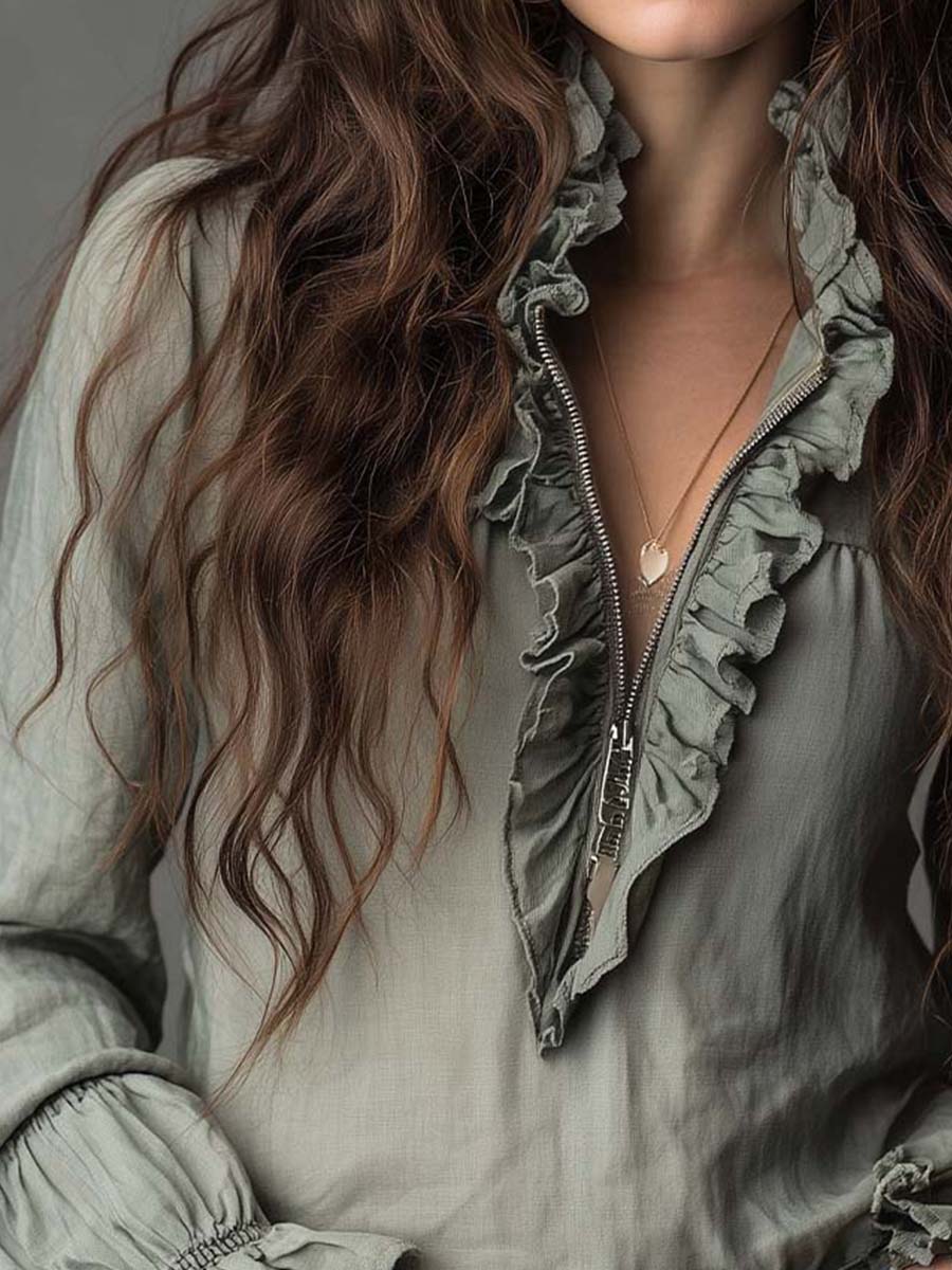 Vintage Ruffled Half-Zip Boho Blouse