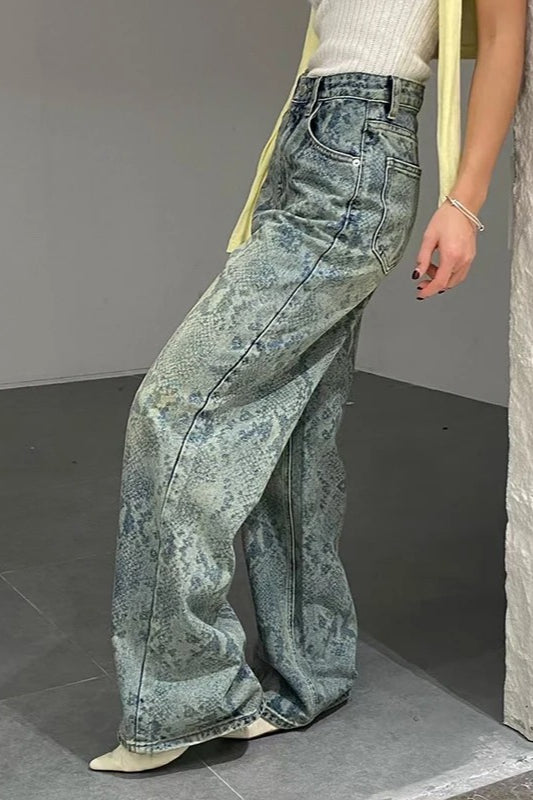 Serpentine Print Low Waist Straight Leg Jeans