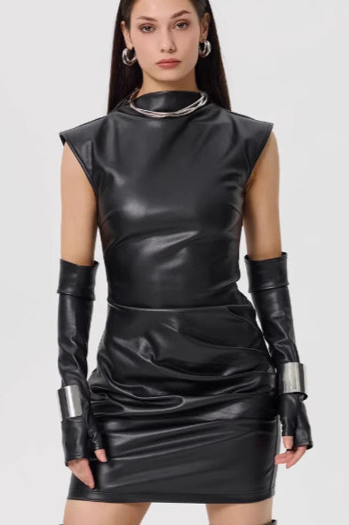 PU Leather Sleeveless Ruched Bodycon Mini Dress