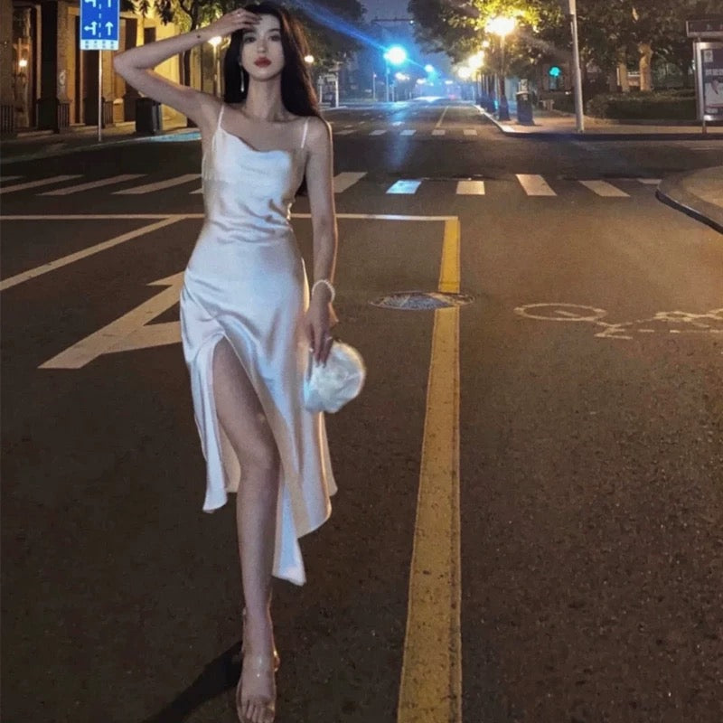 Retro A Line Spaghetti Straps Satin Party Dress Prom Dresses SD1382