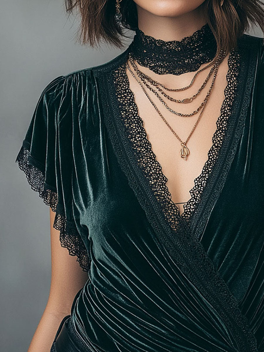 Vintage V-Neck Velvet Wrap Blouse With Lace Trim - Fashionpara