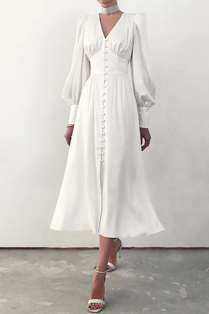 Vintage Satin Puff Sleeve Tailored Midi Dress