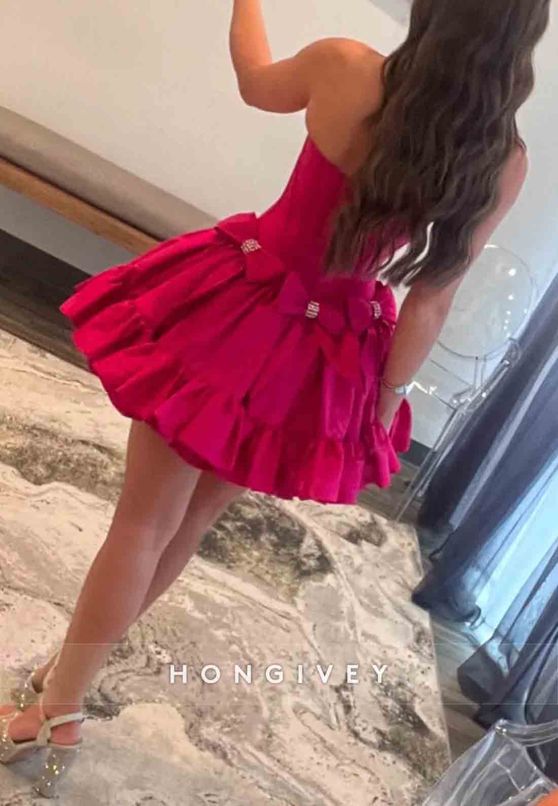 Bowknot Ruched Strapless Satin Pleated Ball Gown Short Homecoming Dresses