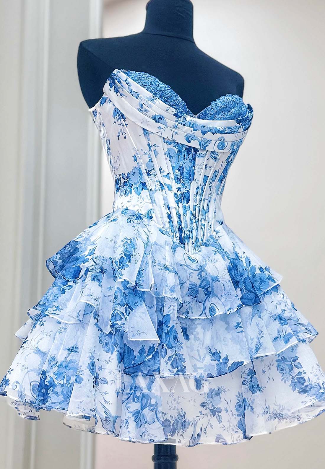 Sweetheart Off-Shoulder Sleeveless Applique Print-Chiffon Tiered A-Line Homecoming Dress