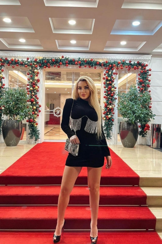 Velvet High Neck Long Sleeve Fringe Bodycon Mini Dress