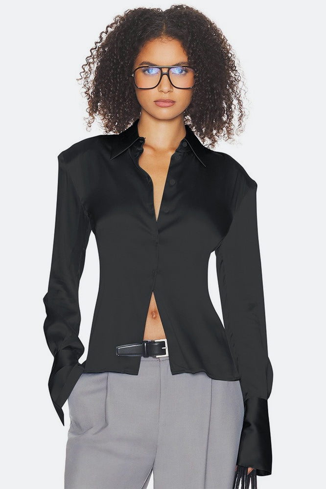 Fitted Tie Waist Long Sleeve Blouse - Fashionpara