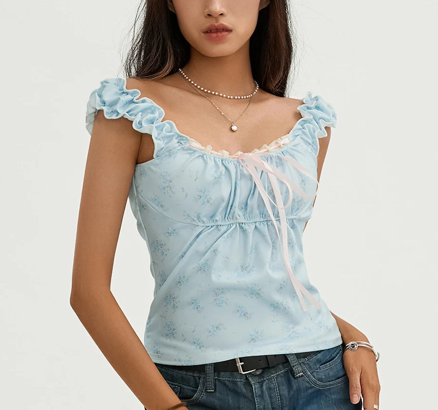 Floral Lace Patchwork Sleeveless Slim Fit Club Crop Vest - Fashionpara