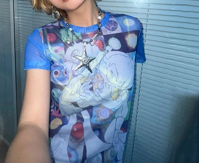 Japanese Y2k Anime Print Sheer Top