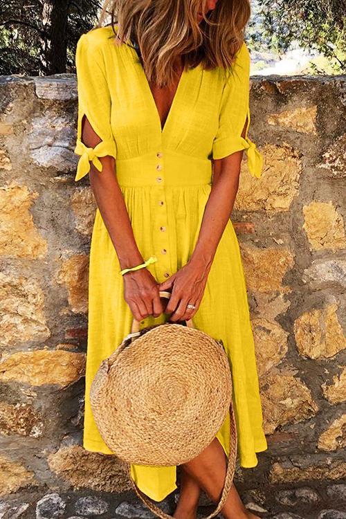 Deep V-Neck Puff Sleeve Tie Cuff Button Front A-Line Midi Dress - View 15
