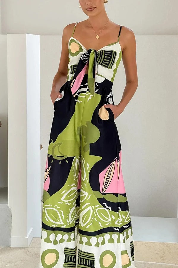 Unique Print Back Pleated Suspender Wide-leg Jumpsuit - Fashionpara