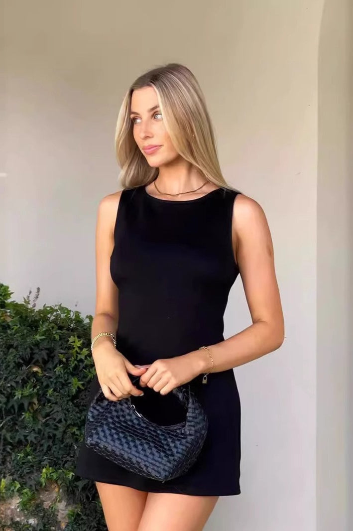 Solid Sleeveless Crew Neck Twill Bodycon Dress
