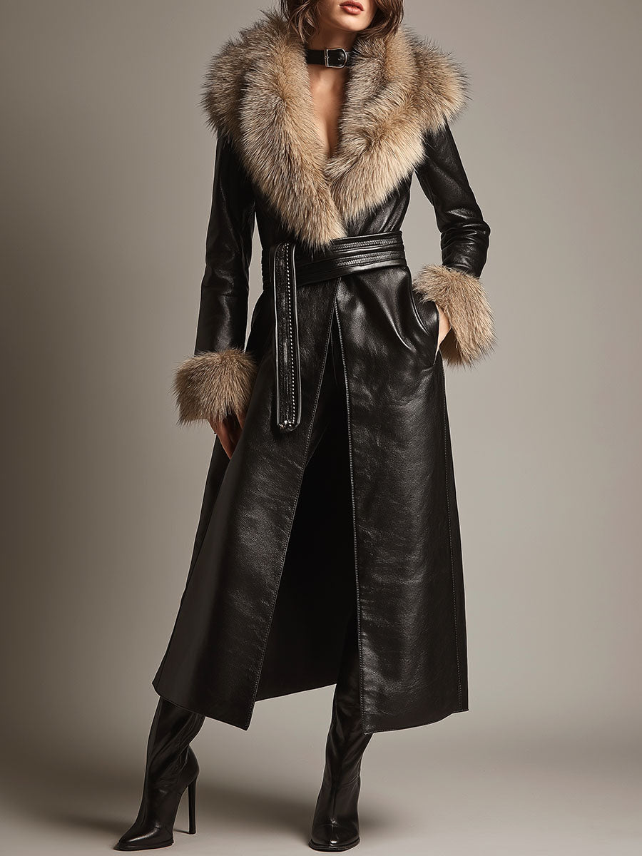 Vintage Black Long Eco Leather Trench Coat With Eco Trim