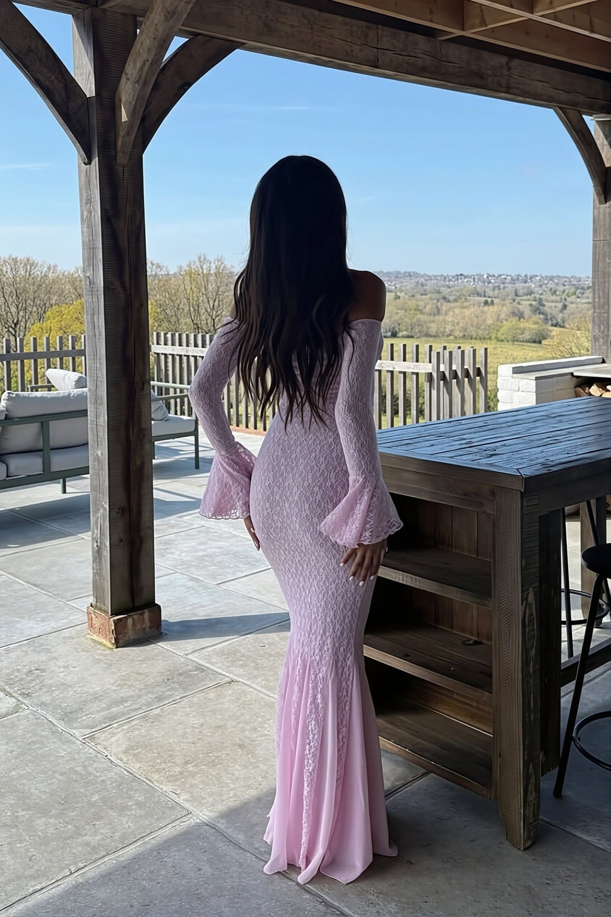 Lace Off Shoulder Long Sleeve Fishtail Maxi Dress