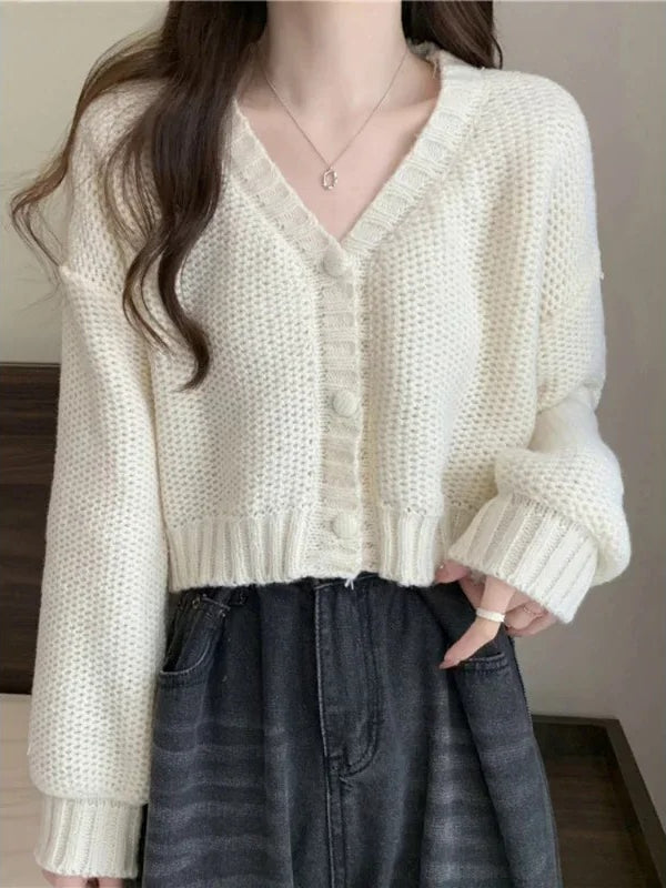 Button-Up V-Neck Sweet Casual Knit Cardigan