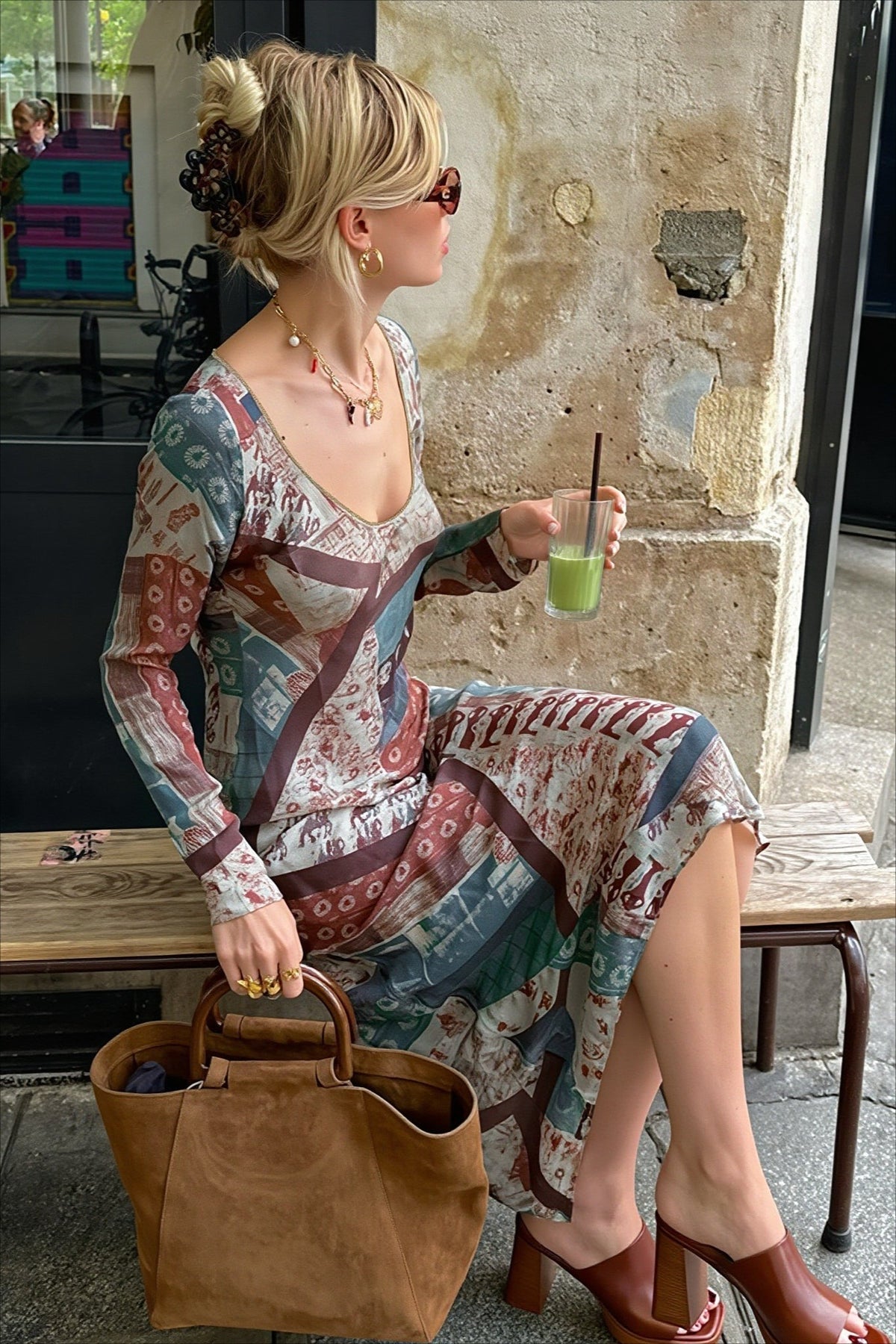 Abstract Print Scoop-Neck Long Sleeve Bodycon Maxi Dress