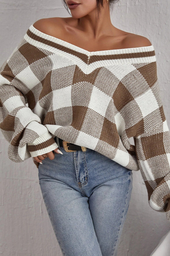 Plaid V-Neck Long Sleeve Knit Sweater for Stylish Comfort
