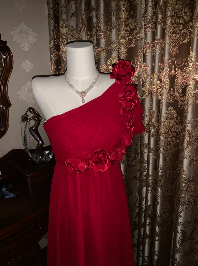 Elegant One Shoulder Red Chiffon Long Wedding Guest Dress Formal Birthday Prom Dress Evening Dress With Flowers D1780