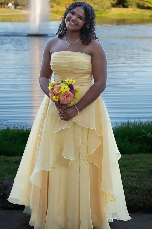 Classy Strapless Yellow Satin Tulle Slit Long Prom Dress Formal Birthday Party Dress D1141