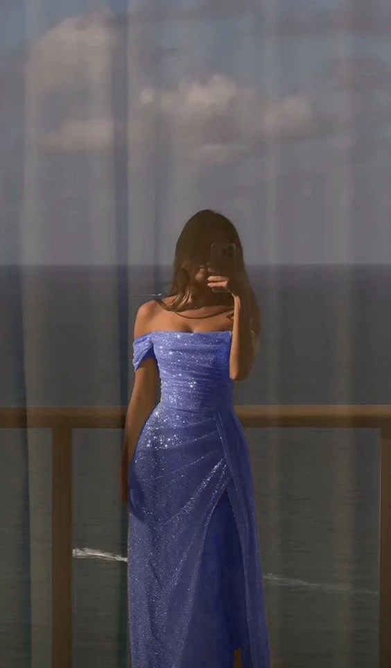 Off Shoulder White Sequin Side Slit Long Evening Prom Dresses, Sequin Wedding Dresses