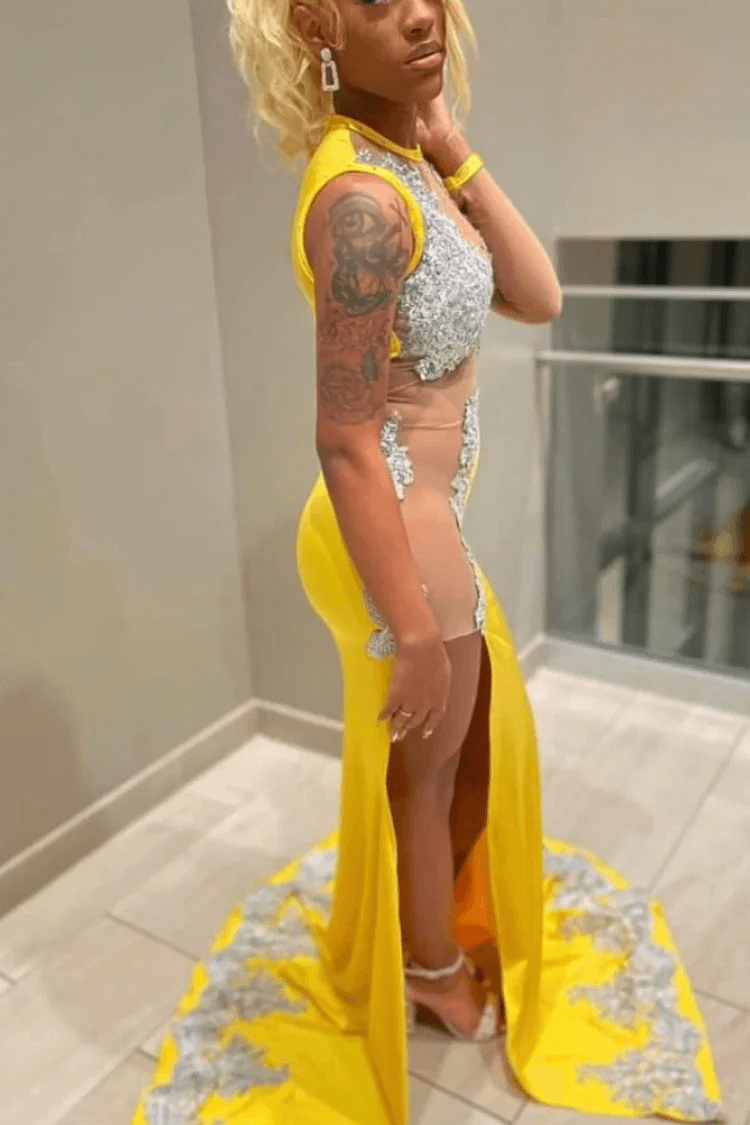 black girl yellow lace evening dresses,silver lace prom dresses, sexy evening dresses - Fashionpara