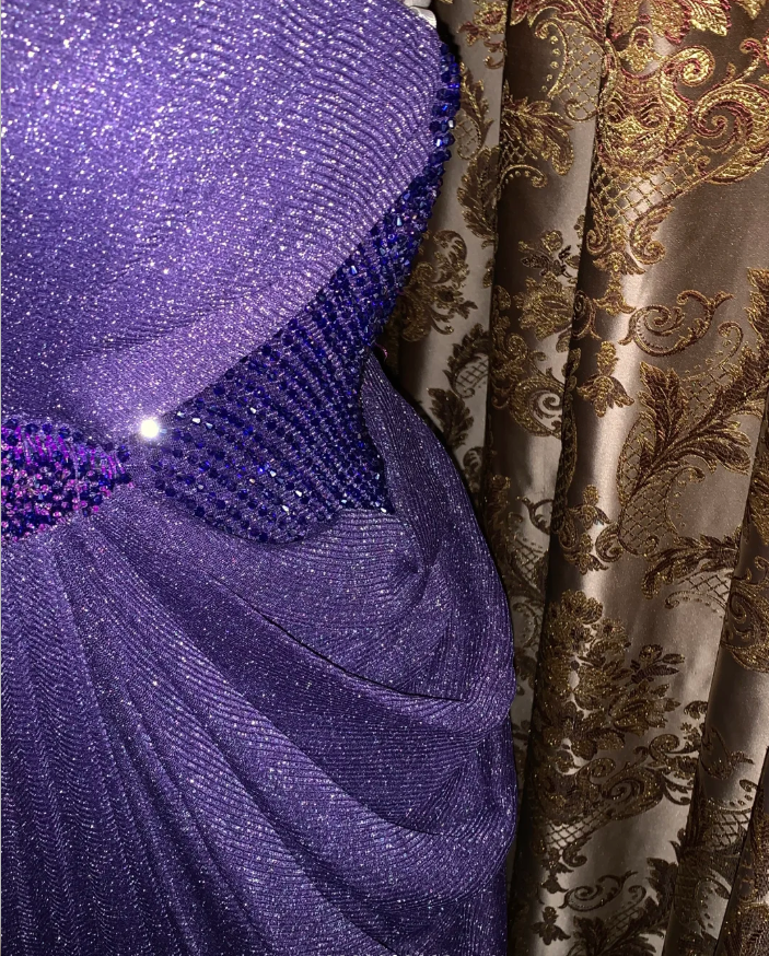 Sparkly Purple Tulle Sequin Beaded Pleated Mermaid Evening Dress Long Birthday Prom Gown D1750