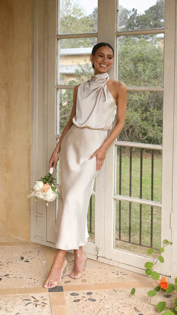 Satin Halter Neck Sleeveless Zip Back Bodycon Midi Dress - View 8
