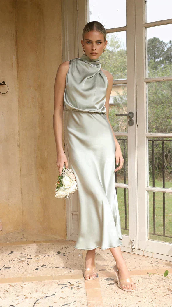 Satin Halter Neck Sleeveless Zip Back Bodycon Midi Dress - View 9