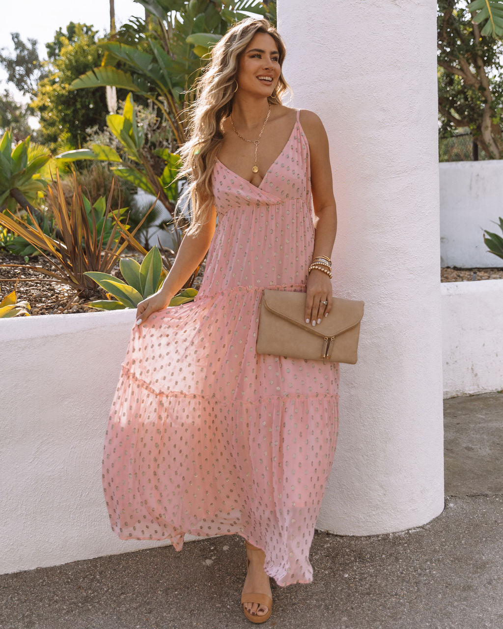Foil Dot Print V-Neck Tiered Maxi Dress