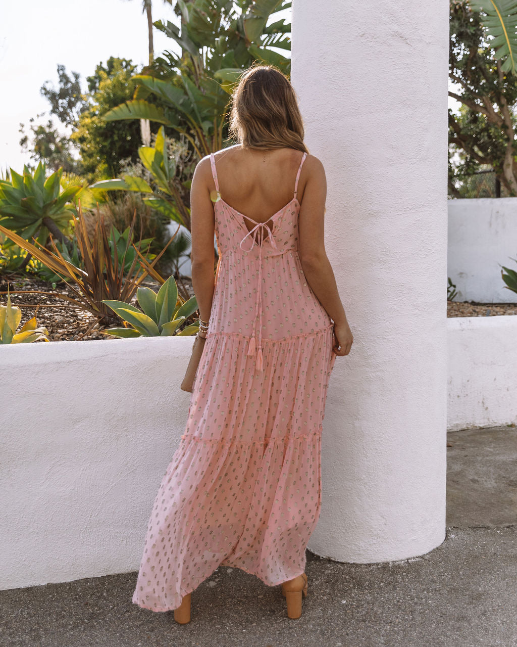 Foil Dot Print V-Neck Tiered Maxi Dress