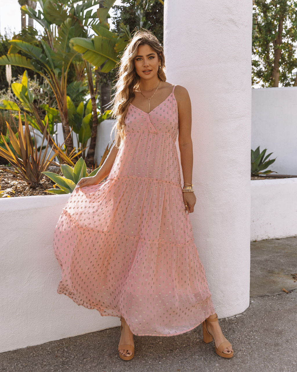 Foil Dot Print V-Neck Tiered Maxi Dress